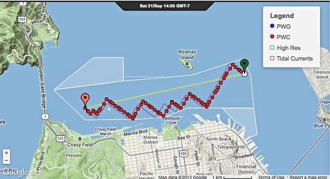 Upwind course projection September 21 2013 - faint purple line is for Race 14, Red dotted line is for Race 15 © PredictWind.com www.predictwind.com